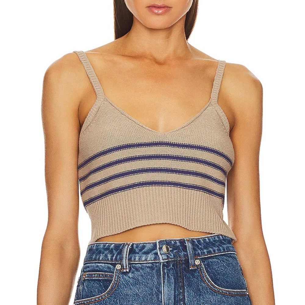 Beige Striped Knit Crop Top - Women's V-Neck Tank